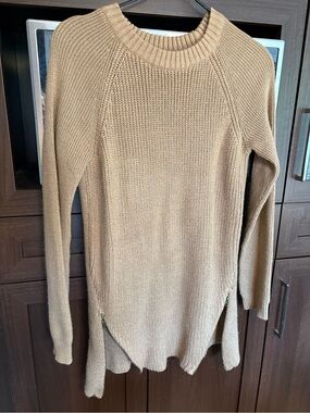 Neutral Tan Crewneck Longline Sweater